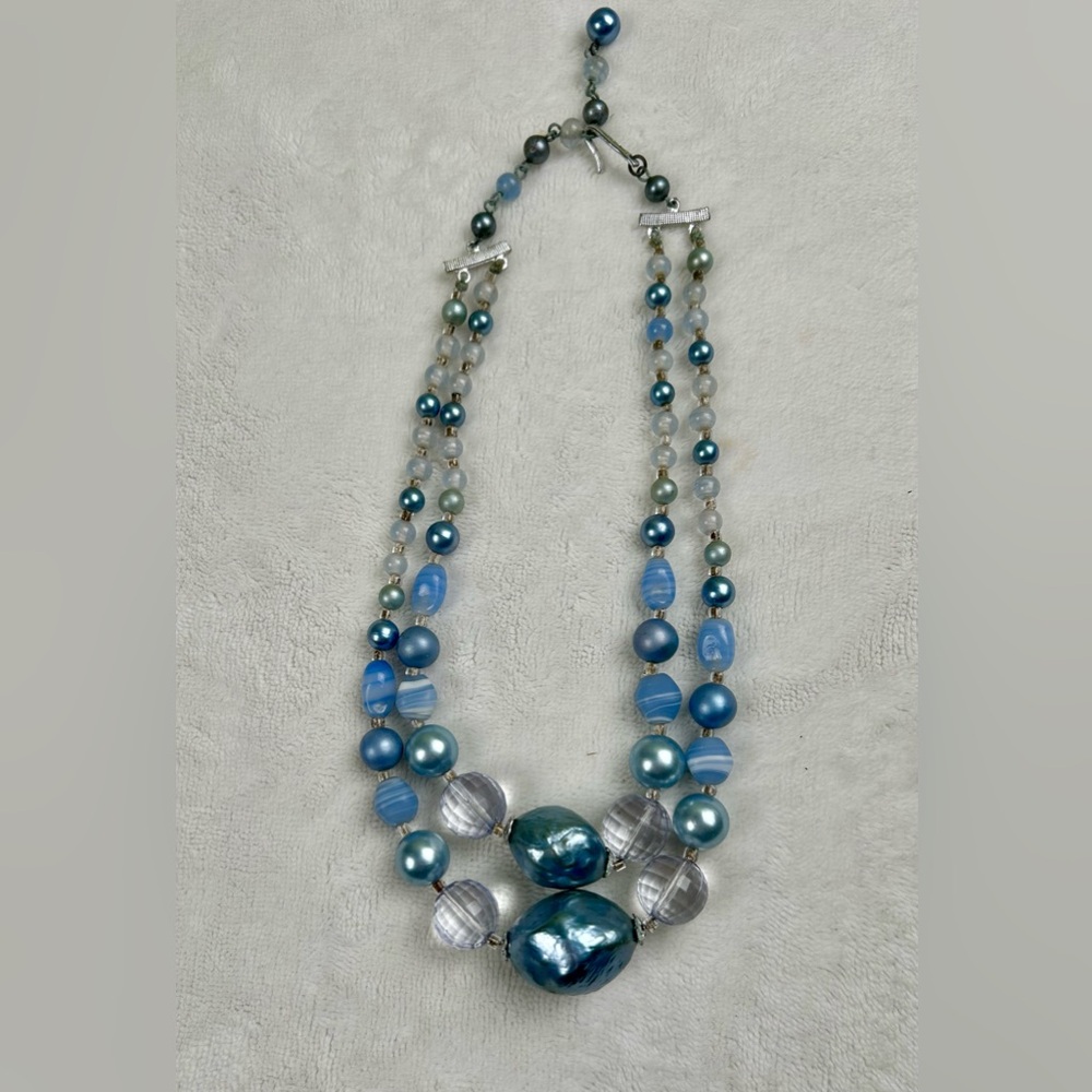 Mid Century Modern Necklace Double Strand Japan Blue Pearls - Picture 3 of 11